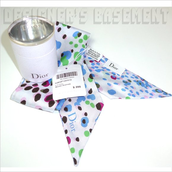 CHRISTIAN DIOR pale blue pink Leopard Spots MITZAH skinny 2-sided Silk scarf NIB - Picture 1 of 5